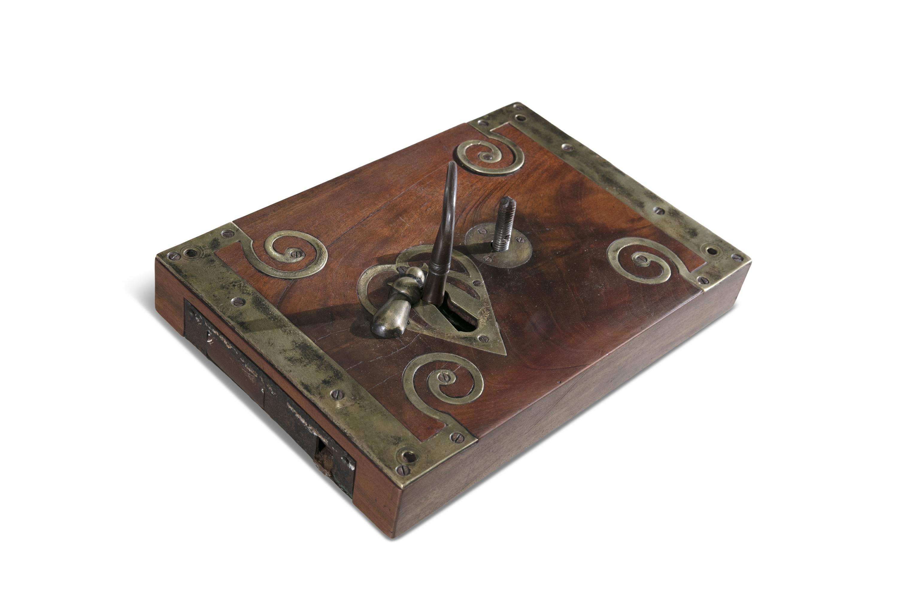 A GEORGE III MAHOGANY AND BRASS MOUNTED LOCK PLATE AND KEY, c.1800, of rectangular form, set to each - Image 2 of 2