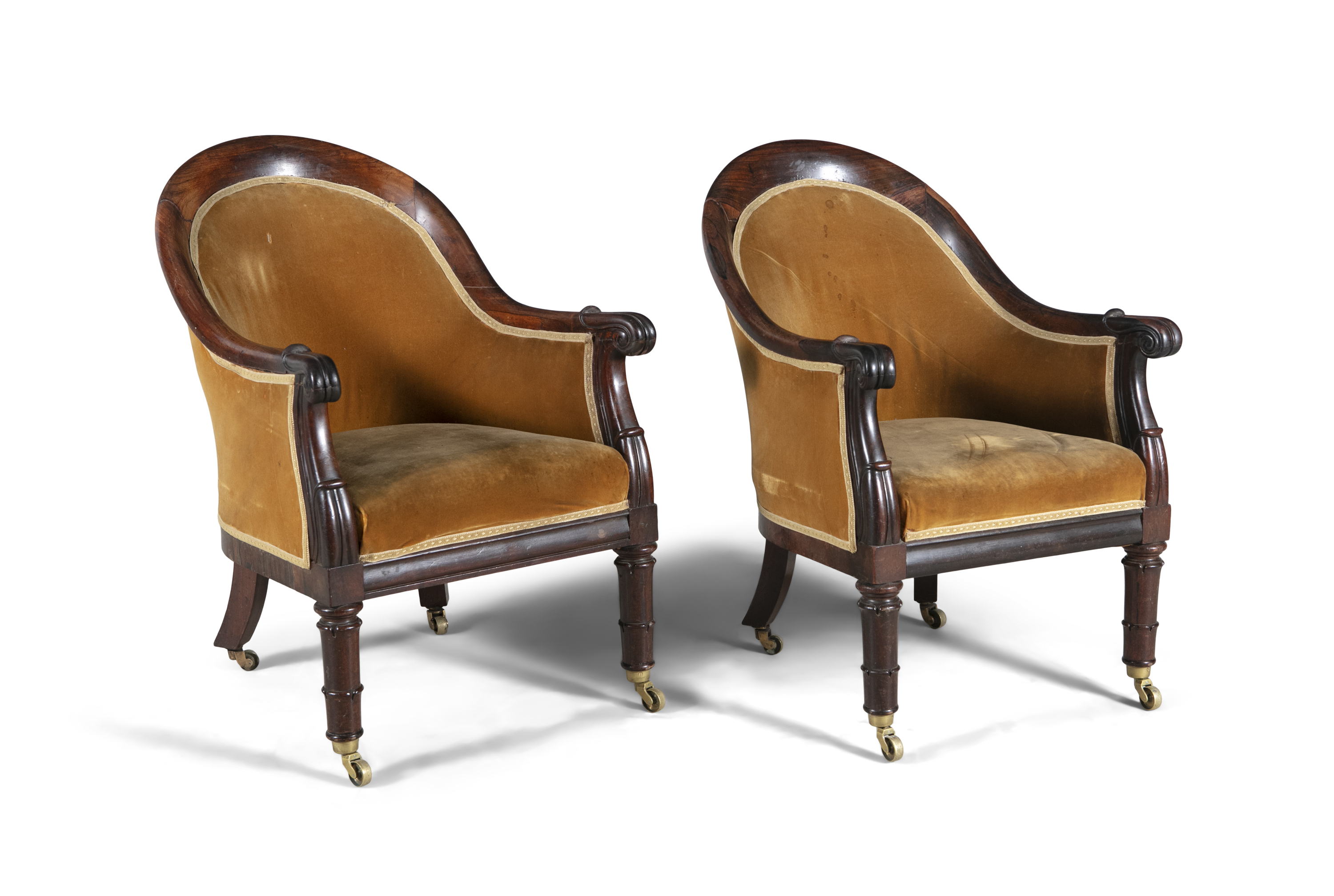 A PAIR OF IRISH WILLIAM IV MAHOGANY FRAMED UPHOLSTERED LIBRARY CHAIRS, with tub shaped backs covered - Image 2 of 2