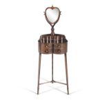 A GEORGE III MAHOGANY BOW-FRONT NIGHT TABLE OR WIG TABLE, surmounted by a heart-shaped mirror on