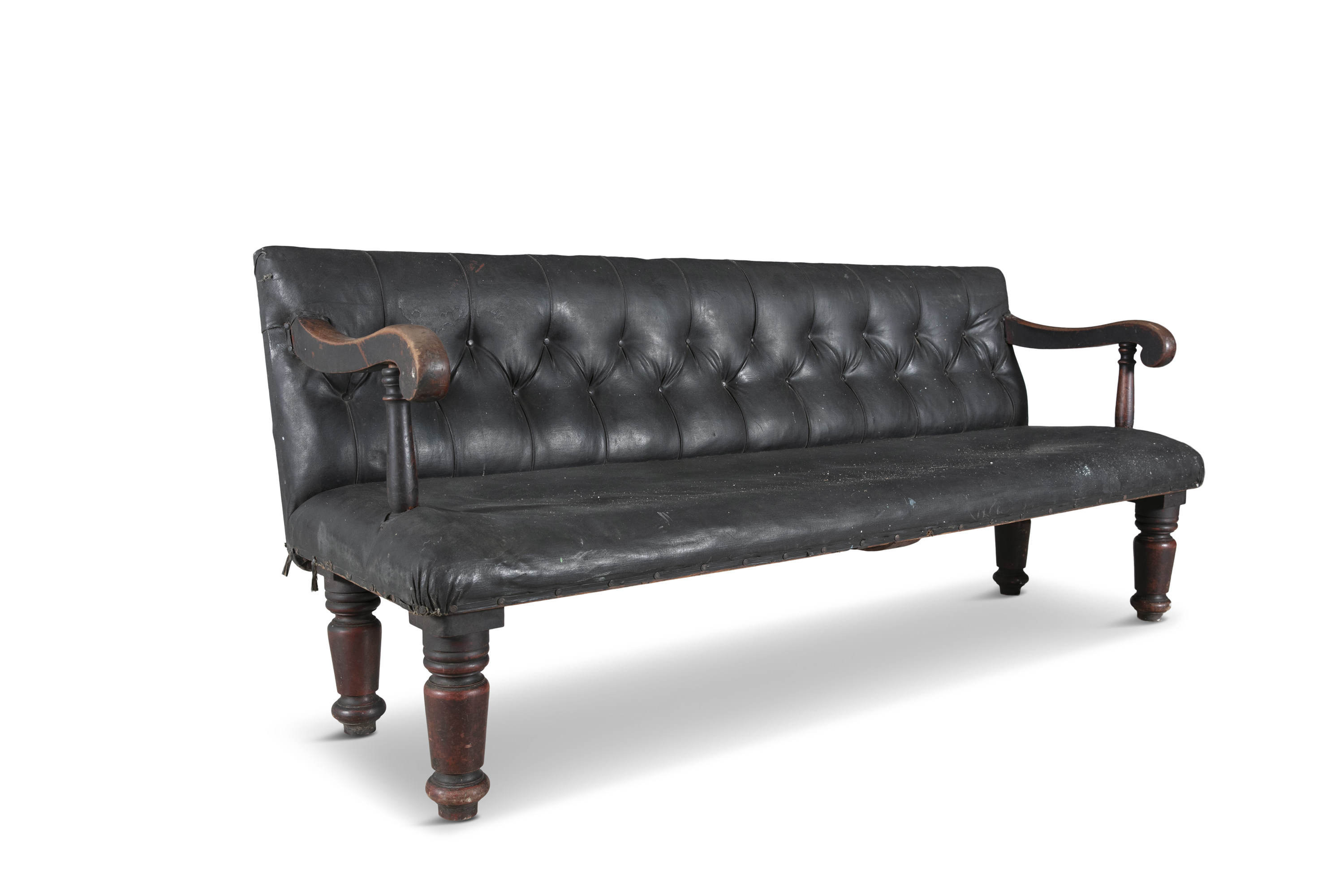 A PAIR OF 19TH CENTURY MAHOGANY FRAMED LONG CLUB SEATS, with black leather buttoned backs and - Image 5 of 5