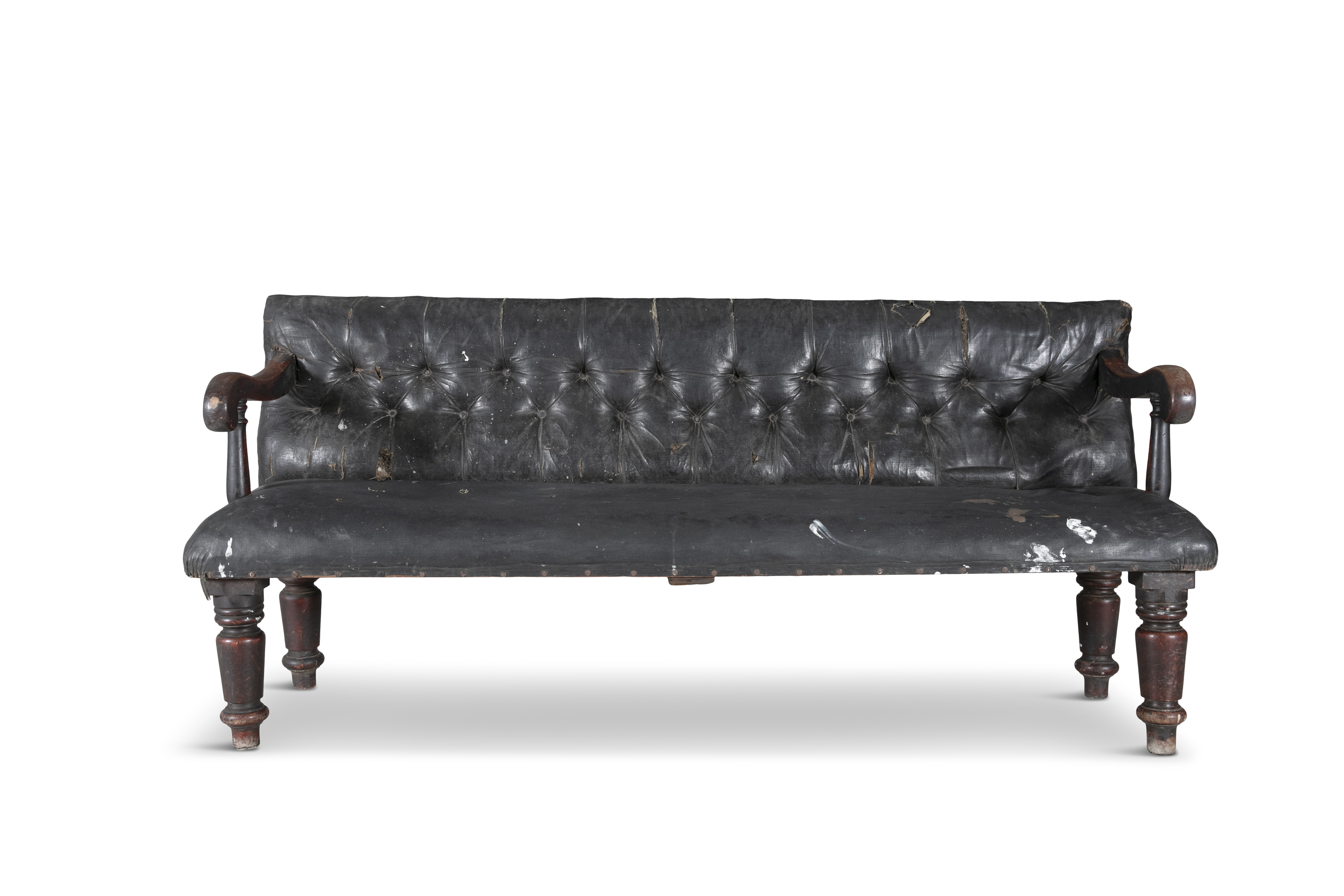 A PAIR OF 19TH CENTURY MAHOGANY FRAMED LONG CLUB SEATS, with black leather buttoned backs and - Image 3 of 5