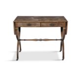 A GEORGE III INLAID MAHOGANY DOUBLE DROP LEAF SOFA TABLE, crossbanded in rosewood, with twin