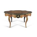 A FRENCH BOULLE WORK CENTRE TABLE, mid 19th century, of shaped oval form, the top decorated with cut