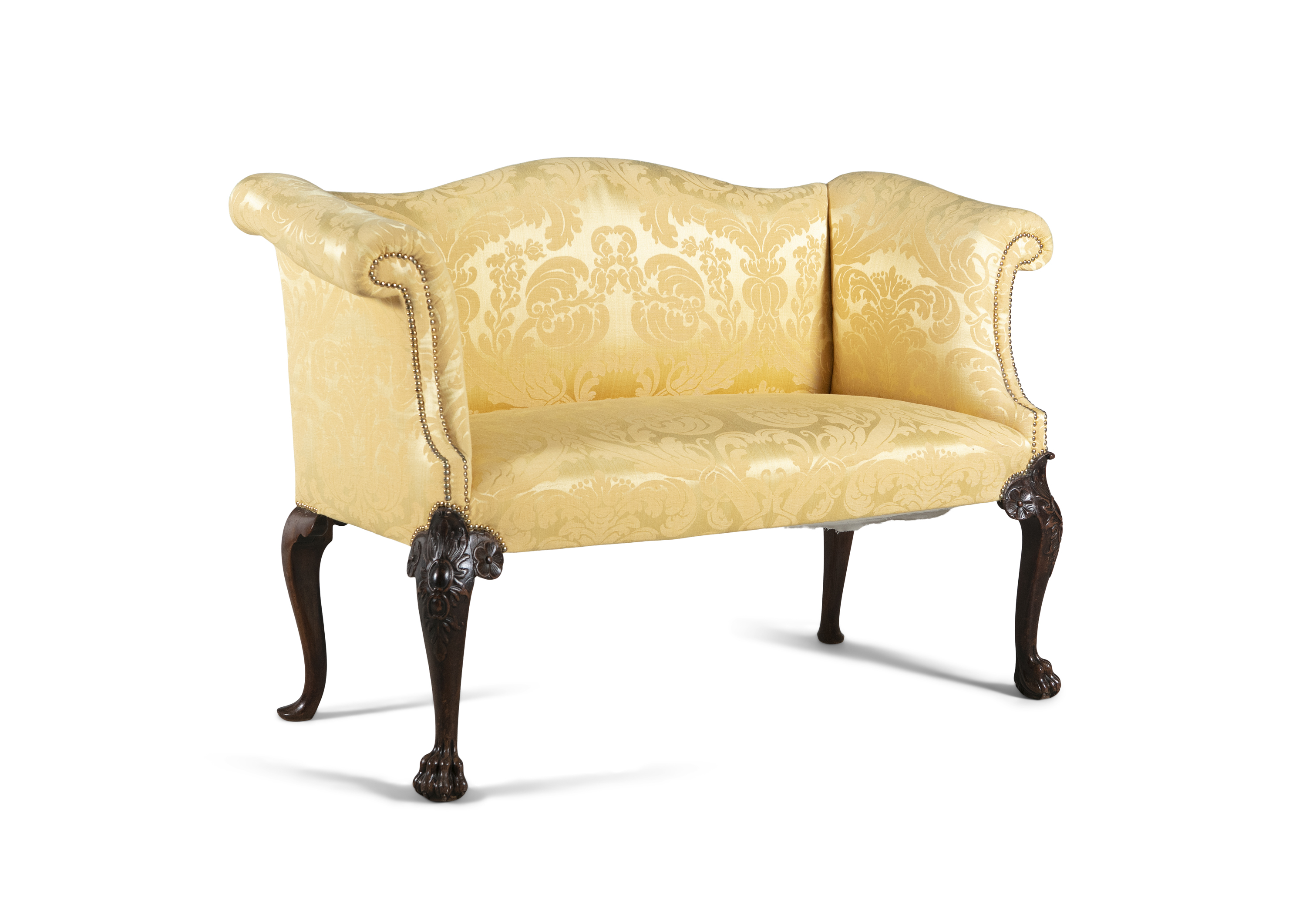 A GEORGE III UPHOLSTERED TWO SEATER SETTEE, with serpentine crest rail and twin scroll ends, covered - Image 2 of 3