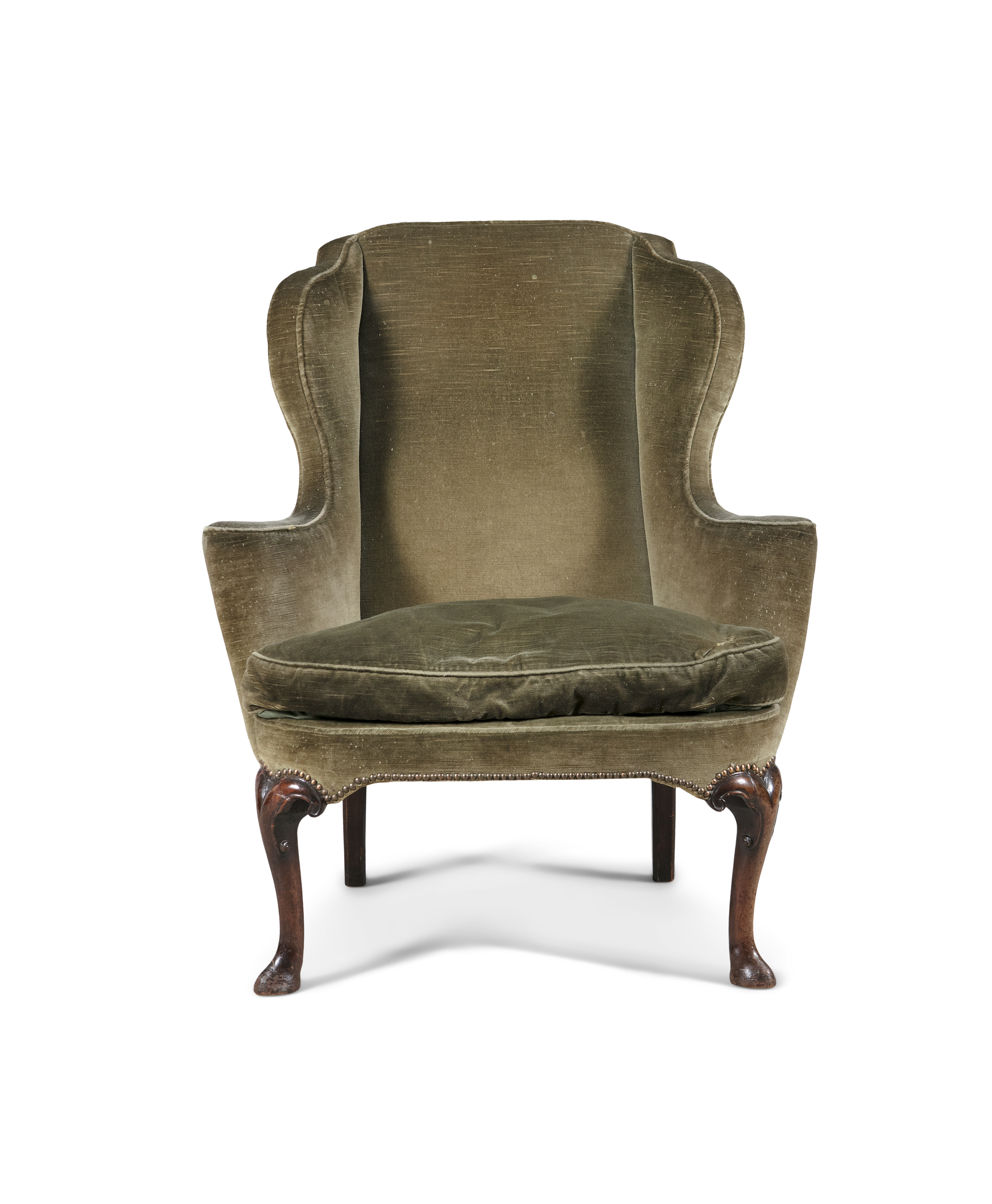 A GEORGE III MAHOGANY FRAMED WING BACK ARMCHAIR, upholstered in moss green fabric, on cabriole - Image 2 of 2