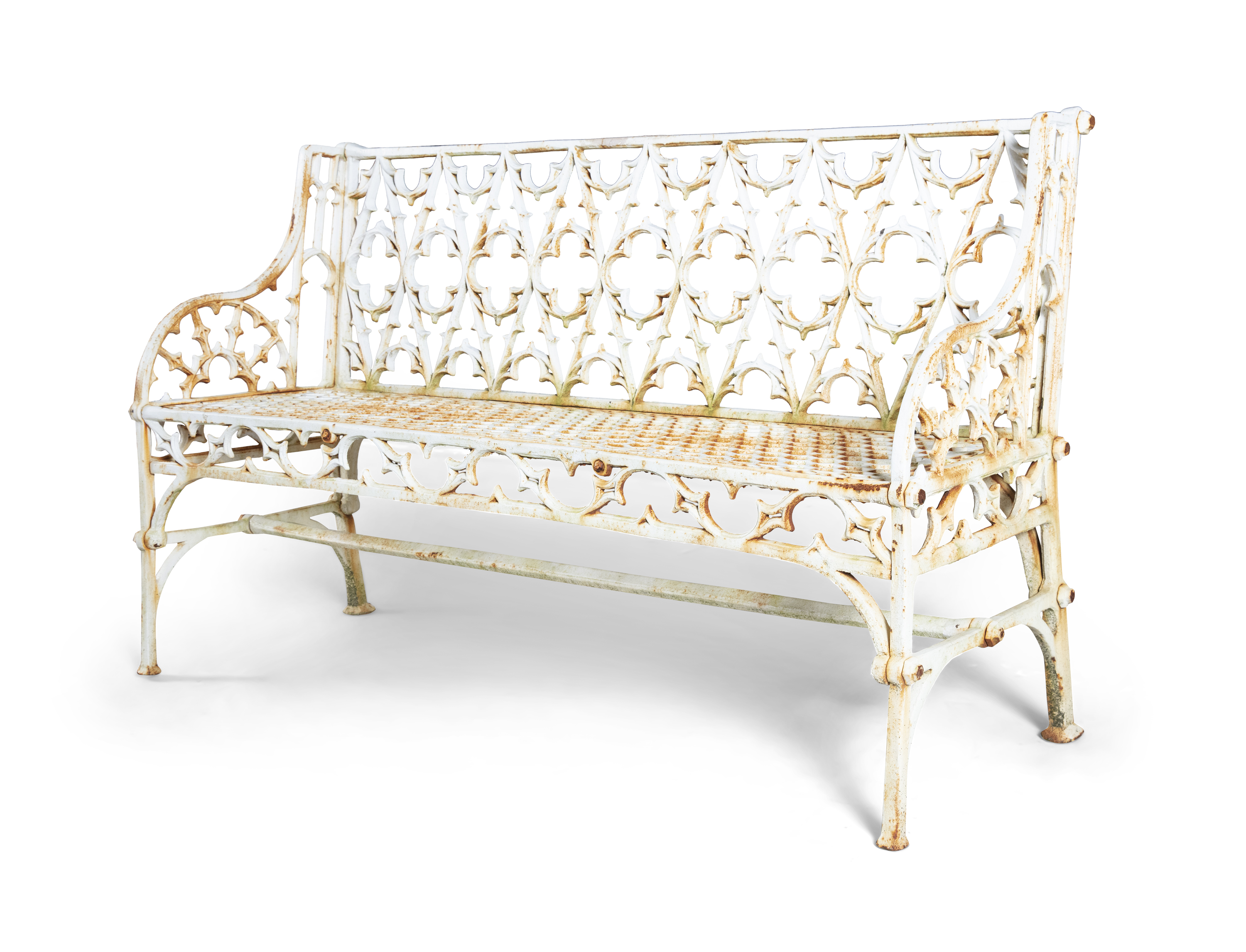 A PAIR OF VICTORIAN GOTHIC PATTERN WHITE PAINTED CAST IRON GARDEN BENCHES, pierced with - Image 5 of 5