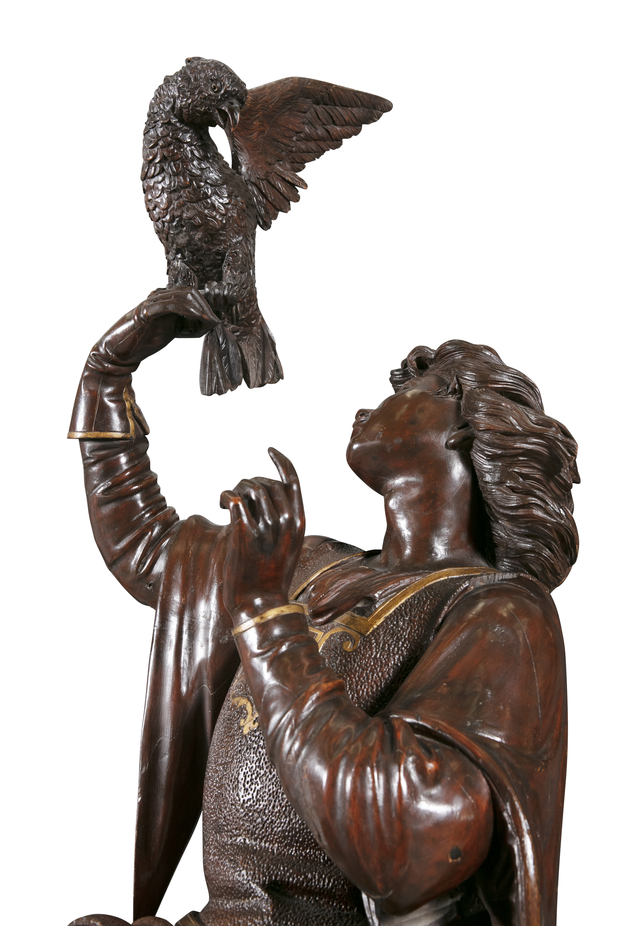 A LARGE FLORENTINE CARVED WALNUT AND PARCEL GILT FIGURE OF A FALCONER, 19th century, in seated - Image 2 of 2