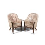 A PAIR OF WILLIAM IV MAHOGANY FRAMED TUB BACK ARMCHAIRS, upholstered in pink damask, with reeded