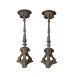 A PAIR OF LARGE 19TH CENTURY TORCHERES, the circular sconces raised on baluster turned and fluted
