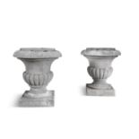 A PAIR OF IRISH NEOCLASSICAL LIMESTONE GARDEN URNS, 19th century, of traditional design, a flared