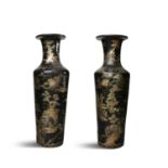A PAIR OF LARGE JAPANESE BLACK LACQUER AND GILT DEOCRATED FLOOR VASES, c.1900, of baluster shape