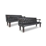 A PAIR OF 19TH CENTURY MAHOGANY FRAMED LONG CLUB SEATS, with black leather buttoned backs and