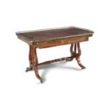 A REGENCY INLAID ROSEWOOD RECTANGULAR WRITING TABLE, the top with gilt tooled red leather scriver,