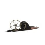 A 19TH CENTURY ROTARY WINDING BELLOWS, with brass wheel and handle and ebonised brass studded