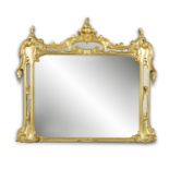 A VICTORIAN GILTWOOD OVERMANTLE MIRROR, the top carved with bold scrolls above shaped rectangular