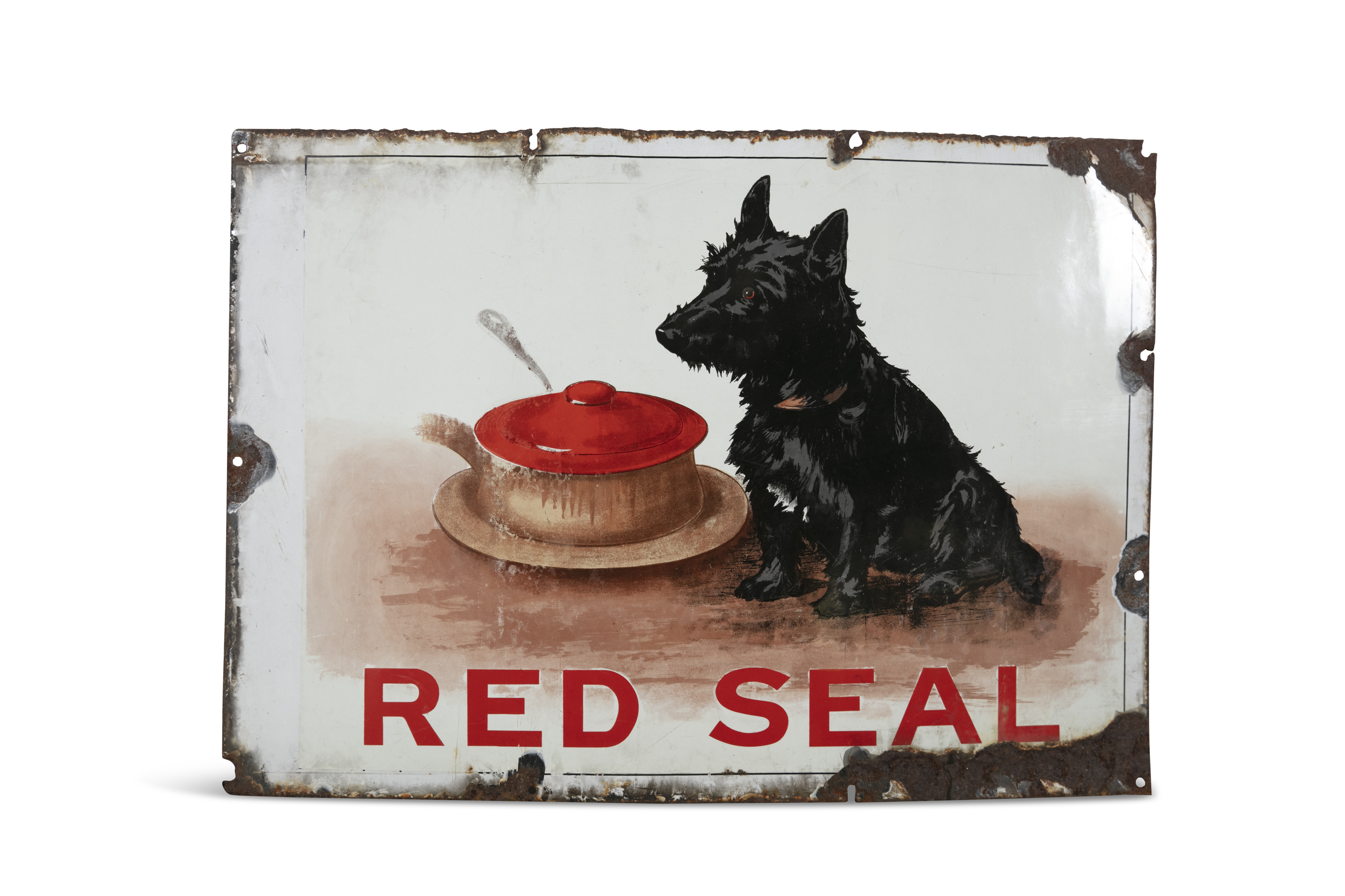 A LARGE 'RED SEAL' ENAMEL DISPLAY PANEL, c.1900, on zinc, depicting a scotch terrier pondering a - Image 2 of 2