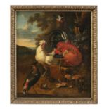 CIRCLE OF PIETER CASTEELS III (18TH CENTURY) Fowls, Exotic Birds and a Toad in a Wooded Landscape