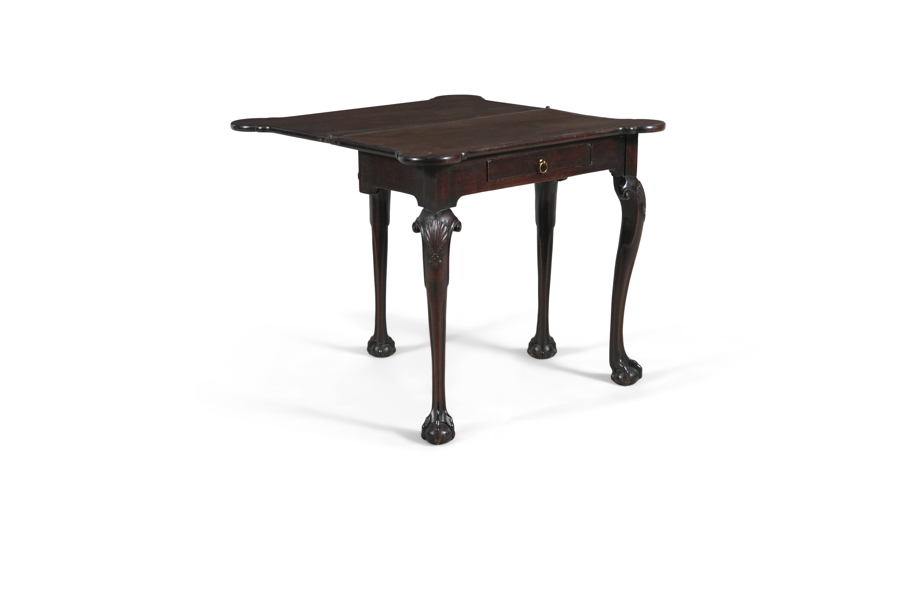 AN IRISH GEORGE III MAHOGANY FOLDING TOP TEA TABLE, with rounded candle stands, with single frieze - Image 2 of 3
