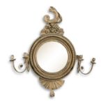 A GEORGE IV GILTWOOD CONVEX GIRANDOLE WALL MIRROR, surmounted with a seahorse, with rope moulding