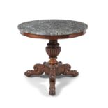 AN EARLY VICTORIAN MAHOGANY MARBLE TOP CIRCULAR CENTRE TABLE, the top in grey veined marble, with