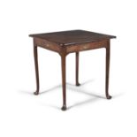 A GEORGE III MAHOGANY UNUSUAL CORNER DROP LEAF TEA TABLE, of triangular form with gate-leg opening