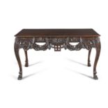 A GEORGE III MAHOGANY RECTANGULAR CENTRE TABLE, with moulded rim above an elaborately carved