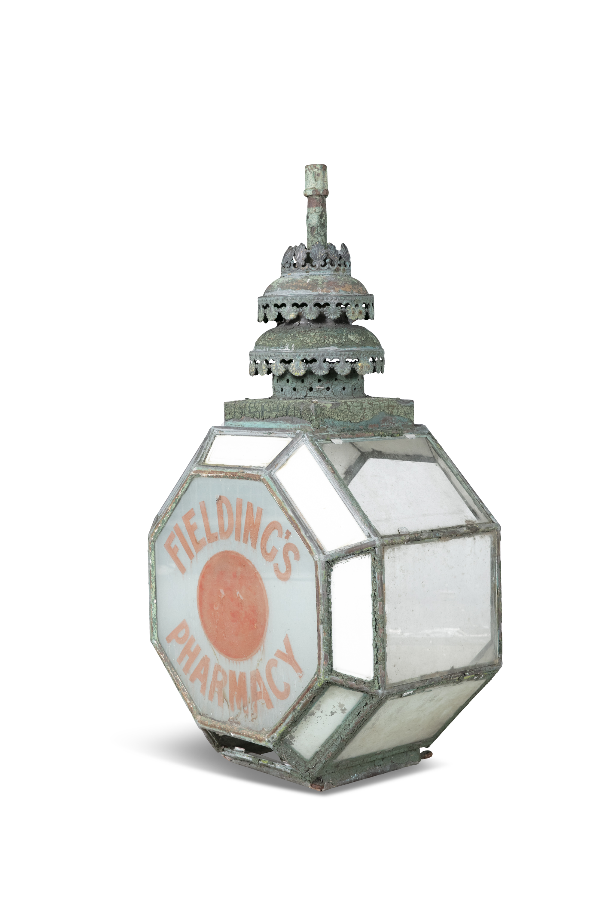 A LATE 19TH CENTURY METAL FRAMED ILLUMINATED DISPLAY SIGN FOR FIELDING'S PHARMACY, of octagonal form