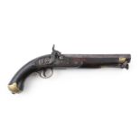 A MAHOGANY AND BRASS MOUNTED PERCUSSION PISTOL, late 18th century, with cylindrical barrel and