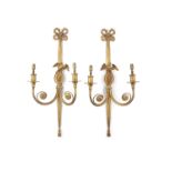 A PAIR OF GILT BRASS TWO LIGHT WALL SCONCES, in the Neo-Classical taste, the electrified sconces