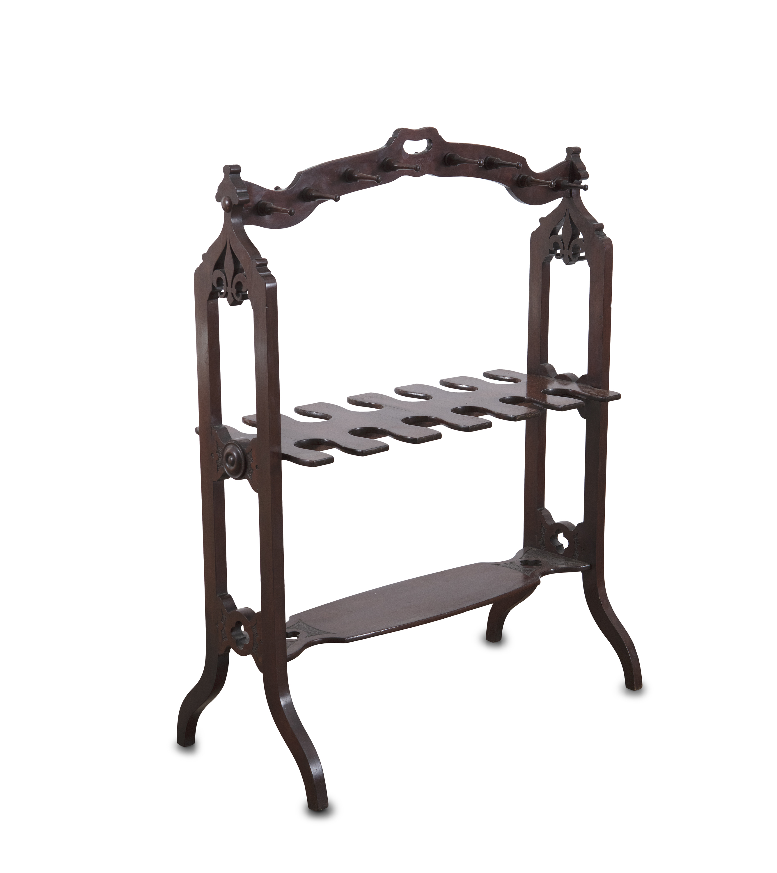 A VICTORIAN MAHOGANY BOOT AND WHIP RACK, the arched frame with pierced carrying handle, applied to