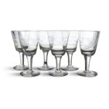 A SET OF SIX 19TH CENTURY COCK FIGHTING GOBLETS, of clear conical form, each engraved with