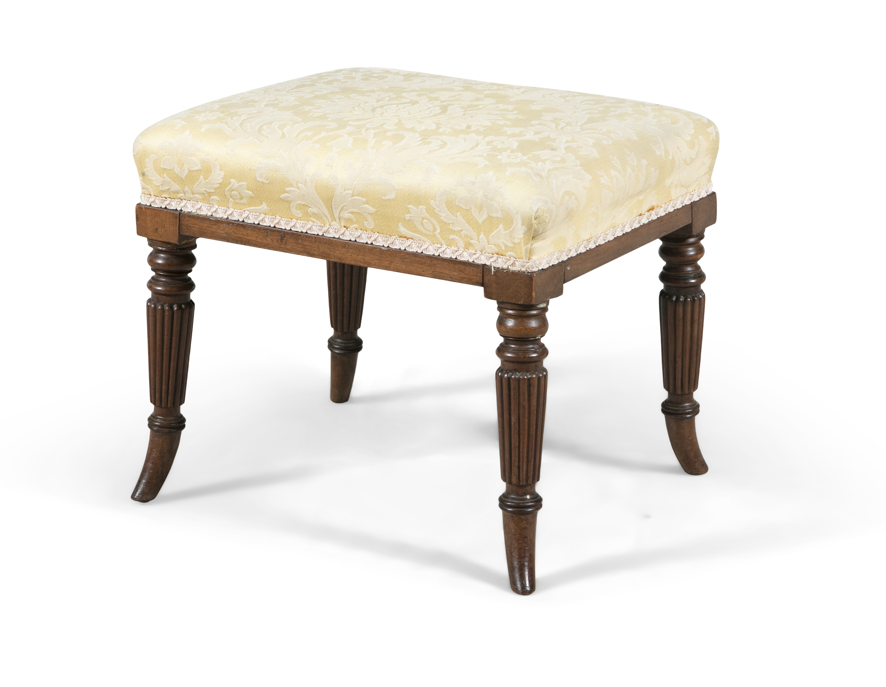 A GEORGE IV MAHOGANY FRAMED STOOL, of square stool with padded yellow damask top, with turned fluted