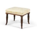 A GEORGE IV MAHOGANY FRAMED STOOL, of square stool with padded yellow damask top, with turned fluted