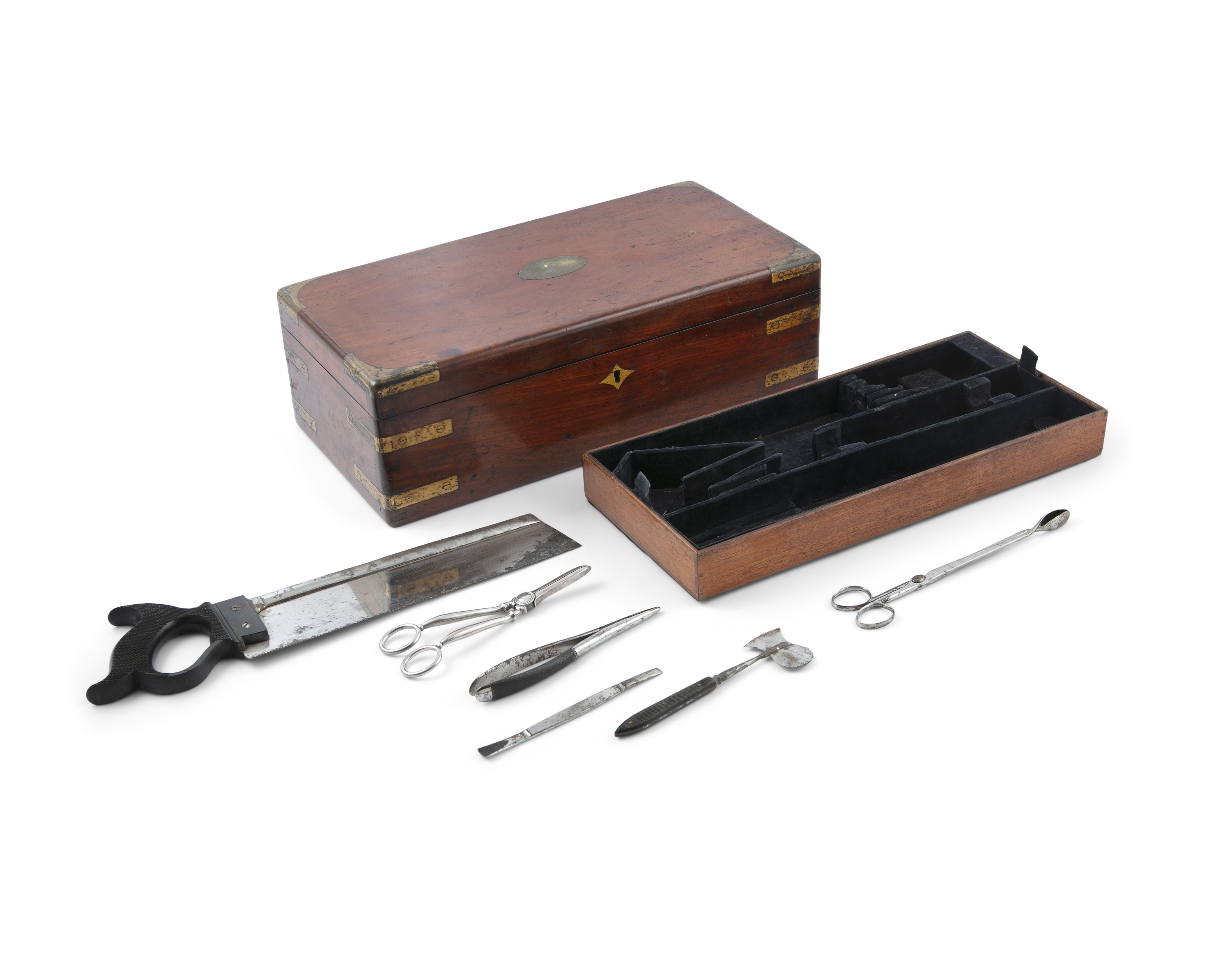 AN AMERICAN MAHOGANY AND BRASS BOUND SURGICAL BOX, 19th century, presented to Samuel Moore, M.D - Image 2 of 3