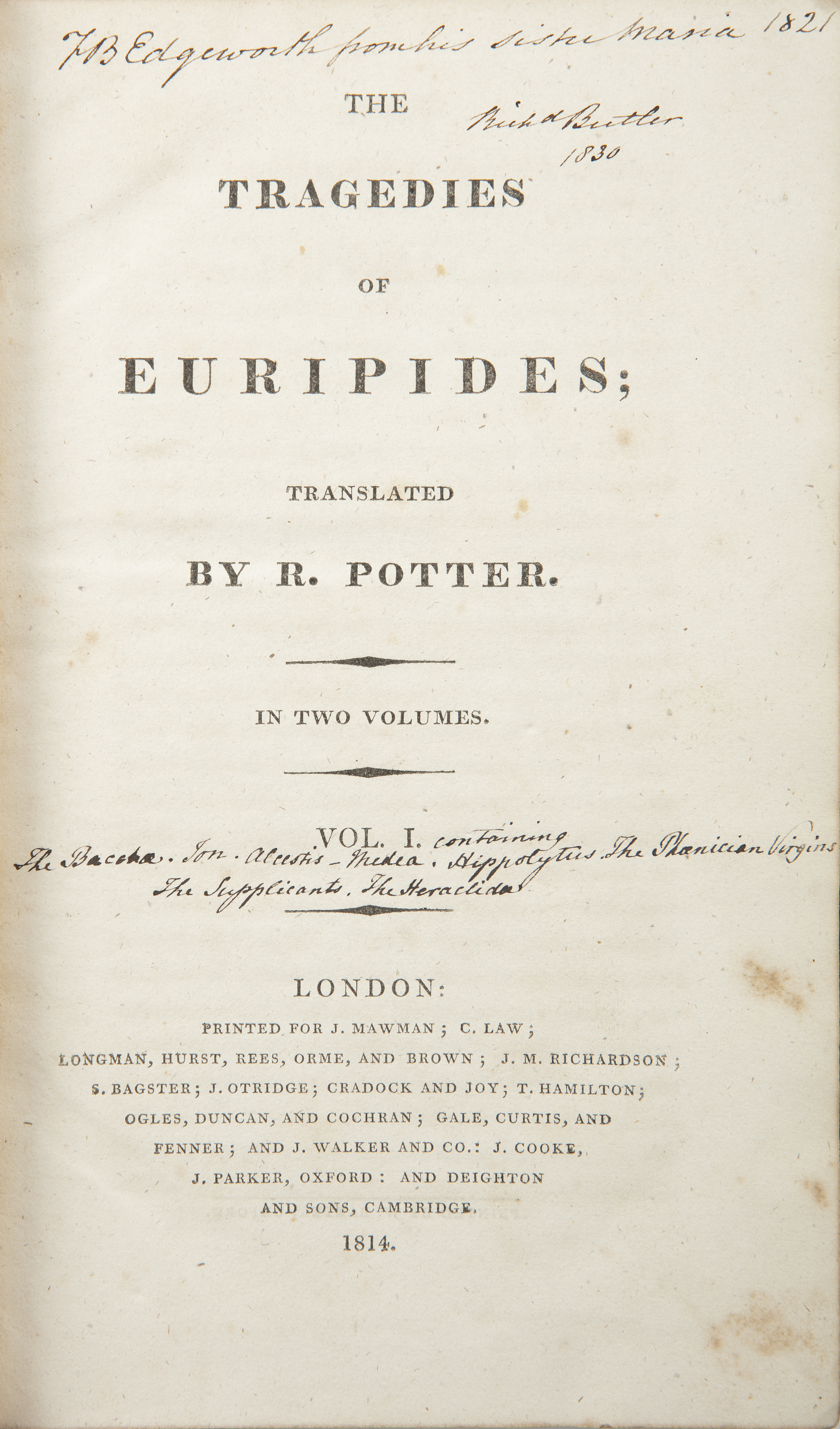 EURIPEDES (Translated by R. Potter) The Tragedies, 2 Vols London 1814, polished calf, the - Image 3 of 4