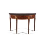 A GEORGE III INLAID MAHOGANY HALF MOON SIDE TABLE, the top crossbanded with satinwood, the frieze