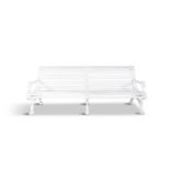 A VICTORIAN WHITE PAINTED CAST IRON SCROLL BACK GARDEN BENCH, supported on pierced naturalistic