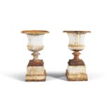 A PAIR OF VICTORIAN CAST IRON URNS, of fluted campagna form, with flared egg and dart rim and