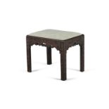 A GEORGE III MAHOGANY RECTANGULAR DRESSING STOOL, the upholstered drop-in seat raised above a shaped