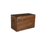 A VERY LARGE MAHOGANY CAMPAIGN CHEST of rectangular form, with hinged lid and brass handles and