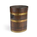 A LARGE 19TH CENTURY MAHOGANY AND BRASS BOUND FUEL BUCKET, of coopered construction, with a pair