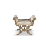 A GILTWOOD UPHOLSTERED STOOL, with scroll arms and an associated Louis XIV style base
