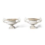 A PAIR OF VICTORIAN CAST IRON GARDEN URNS, each of classical design, with overturned rims and