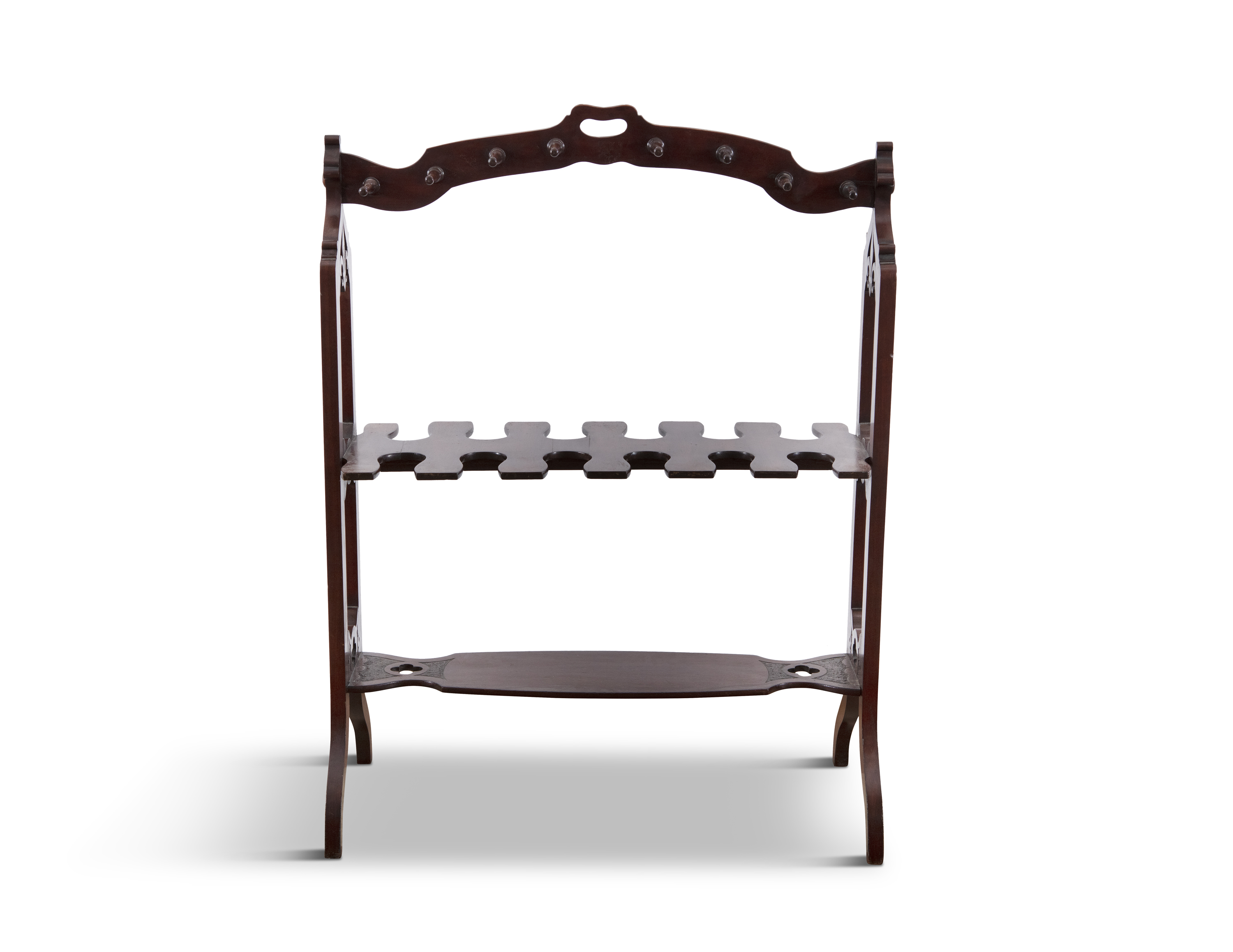 A VICTORIAN MAHOGANY BOOT AND WHIP RACK, the arched frame with pierced carrying handle, applied to - Image 2 of 2