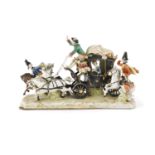 A LARGE 'CAPODIMONTE' POLYCHROME PORCELAIN GROUP OF COACH AND HORSES, with flamboyant military out