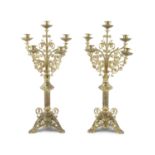 A PAIR OF 19TH CENTURY FRENCH ORMOLU FIVE-LIGHT GILT-BRASS CANDELABRA, the central tall