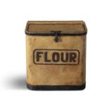 A 19TH CENTURY PAINTED METAL SLOPEFRONT FLOUR BIN, with hinged lid. 75cm high x 72cm wide x 47cm