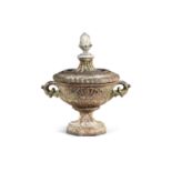AN EARLY VICTORIAN CAST IRON TWIN HANDLED URN WITH SEPERATE COVER, with lobed banded rim, raised