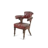 A EARLY VICTORIAN MAHOGANY AND BUTTON BACK UPHOLSTERED READING CHAIR, of tub shaped design,