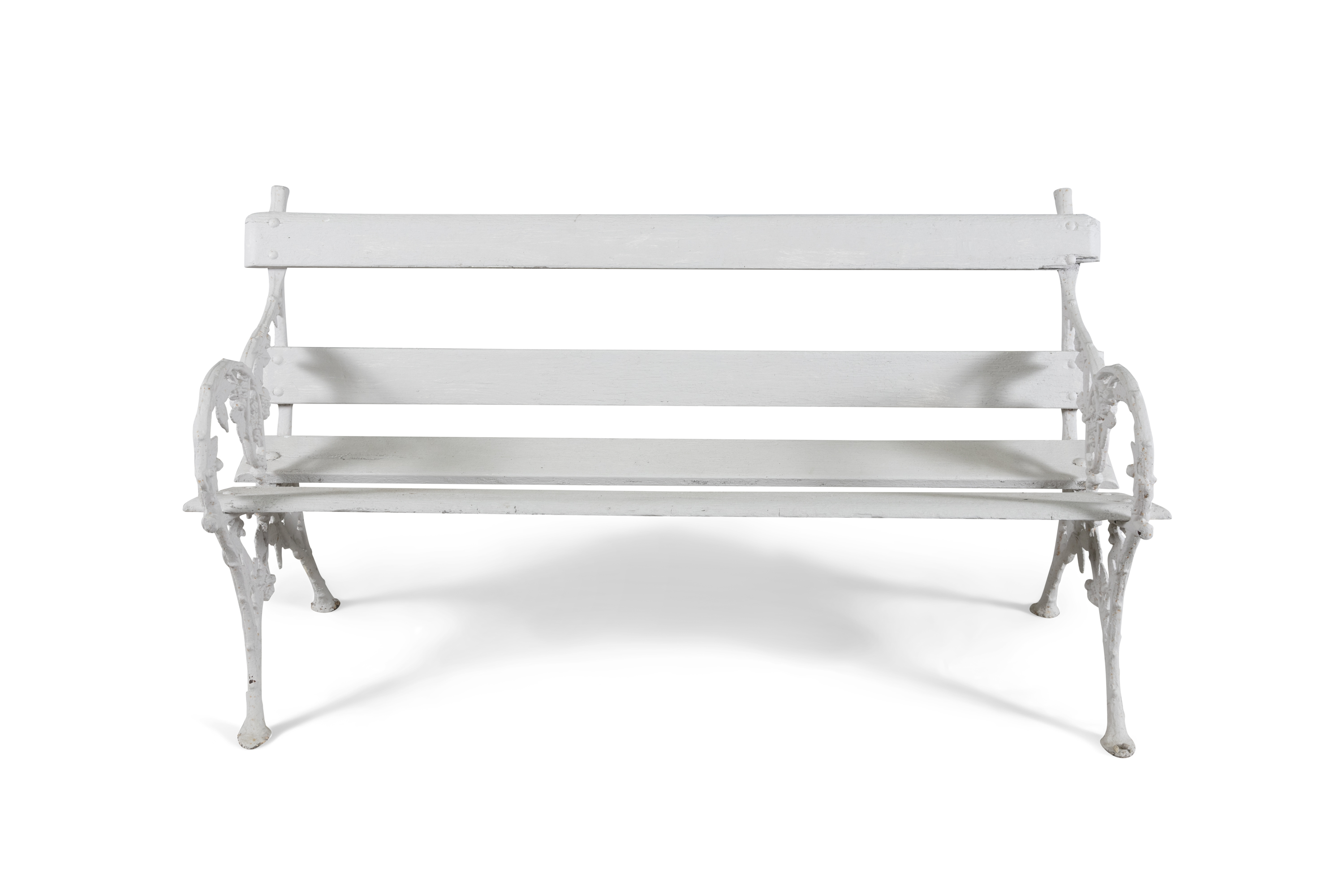 A VICTORIAN WHITE PAINTED CAST IRON GARDEN BENCH, the timber slats supported on pierced naturalistic - Image 2 of 2